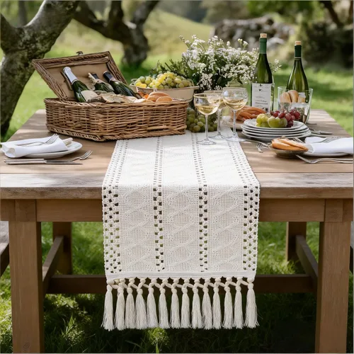 Vista 5 de Socomi Camino de mesa bohemio de verano rústico para comedor, cocina, centro de mesa, decoración pequeña de macramé de algodón y lino, camino