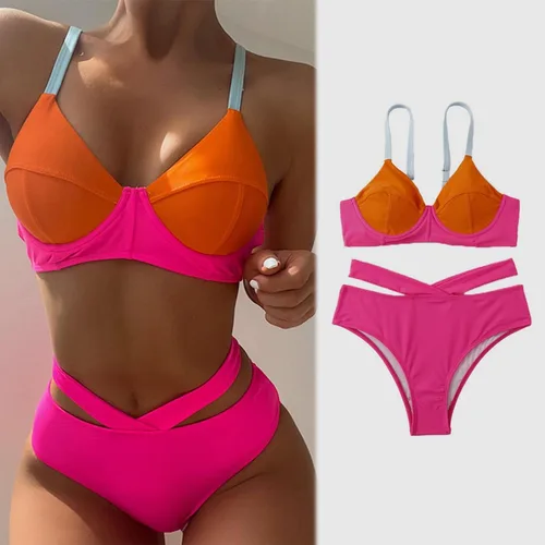 Vista 5 de Conjunto de bikini halter triangular para mujer, bikini sexy, traje de baño de verano para playa, espalda descubierta, cintura alta, traje de baño