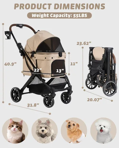 Vista 2 de HITTITE Pet Stroller with Weatherproof Cover, All-Terrain 4-Wheel Cat & Dog Stroller with Adjustable Canopy, Foldable Dog Strollers with Storage