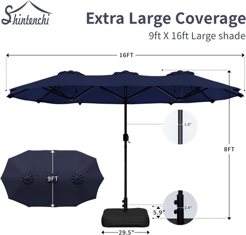Vista 6 de Shintenchi Sombrilla grande de patio de 13 pies con base, sombrilla rectangular doble cara para exteriores con asa de manivela para césped junto a
