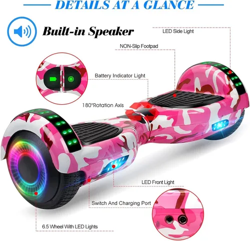 Vista 5 de FLYING-ANT Hoverboard de 6.5" de dos ruedas con asiento de autoequilibrio, scooter eléctrico con ruedas de luz LED Flash