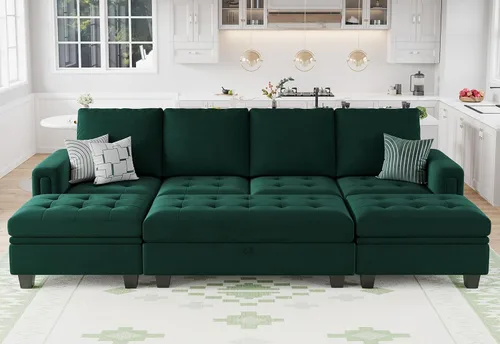 Vista 12 de Belffin Sofá cama modular convertible de terciopelo de 4 asientos con diván reversible, sofá cama seccional con almacenamiento otomano seccional