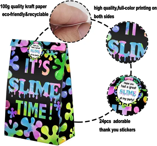 Vista 5 de 24 bolsas de golosinas de slime, bolsas de dulces con calcomanías, bolsas de regalo de limo con temática de limo para fiestas de cumpleaños