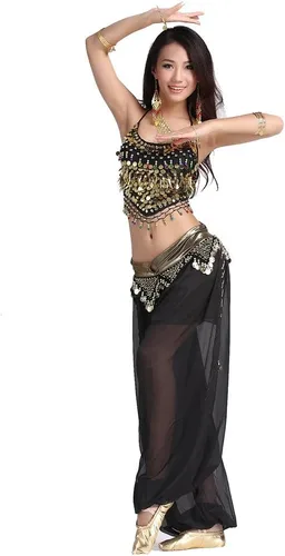 Vista 3 de Traje para danza árabe ZLTdream para mujeres, de chifón, top venda y pantalones anchos con monedas