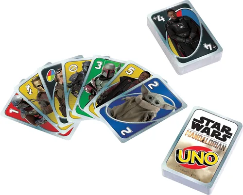 Vista 5 de UNO Star Wars The Mandalorian en lata de almacenamiento, cubierta temática y regla especial, regalo para niños, adultos y noches de juego