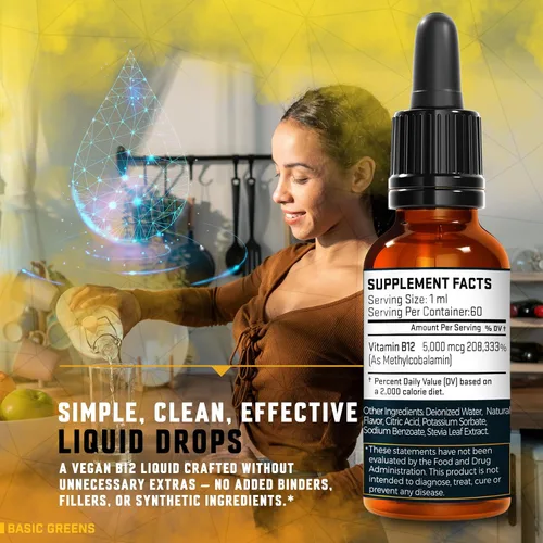 Vista 5 de B12 Liquid Drops Sublingual 5000 mcg Metilcobalamina, cereza vegana 2 Fl Oz