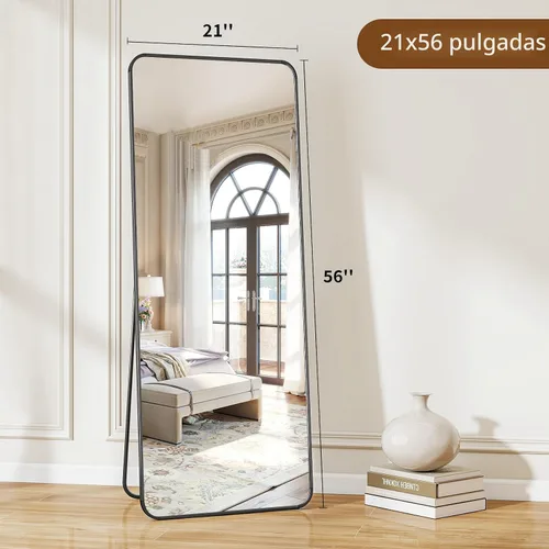 Vista 6 de BEAUTYPEAK - Espejo de cuerpo entero negro, espejo de piso de 56 x 21 pulgadas con esquinas redondeadas, espejo para colgar, apoyar contra la pared