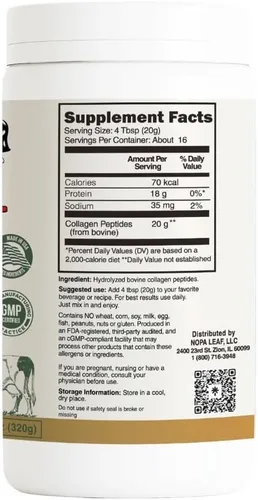 Vista 2 de Nopalina Polvo de péptidos de colágeno hidrolizados, tipo I y III, colágeno bovino criado en pastos alimentados con pastos, 0.71 oz por porción, sin