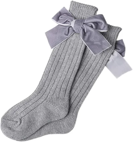 Vista 7 de Kayotuas Calcetines altos hasta la rodilla con lazos, calcetines de uniforme con volantes de tubo largo, calcetines de punto acanalado para bebés