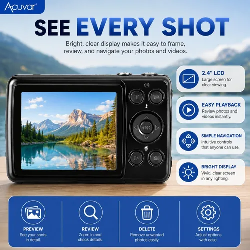 Vista 5 de Acuvar - Cámara digital de 16 MP, cámara compacta de apuntar y disparar con pantalla LCD de 2.4 pulgadas, tarjeta micro SD de 32 GB, cámara de viaje