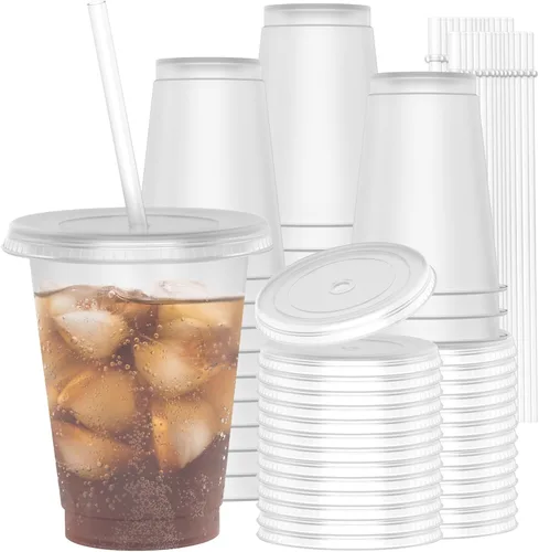 Vista 18 de Vasos de plástico de 24 onzas con tapas y pitillos, tazas de café helado resistentes y seguras para alimentos con tapa, vaso de plástico Negro