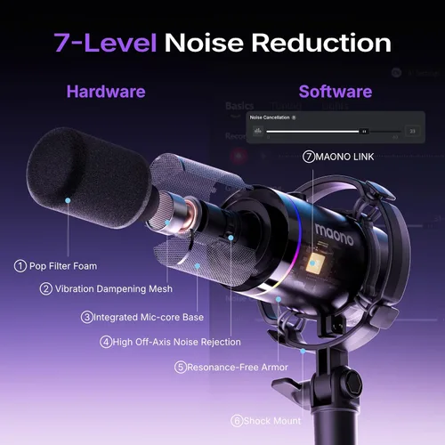 Vista 7 de MAONO Kit de micrófono dinámico XLR/USB, paquete de micrófono RGB para juegos para podcast Studio Streaming Grabación Vocal PD200X+BA92 Negro