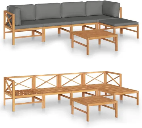 Vista 2 de Ensemble de Salon de Jardin en Teck Massif Gris 6 Pièces Résistant aux Intempéries, Canapé d'Extérieur Modulable Confortable avec Coussins Épais