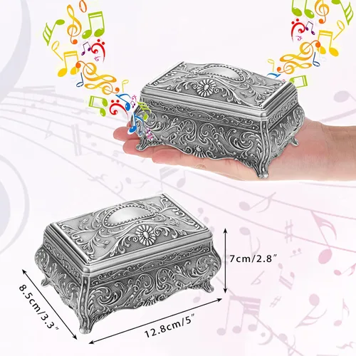 Vista 2 de ELLDOO Caja de música de metal vintage, caja de joyería musical de cuerda para recuerdos, caja de almacenamiento pequeña de joyería de regalo