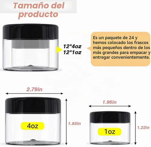 Vista 2 de 12 recipientes de plástico de 4 onzas con tapas + 12 recipientes pequeños Tapas negras