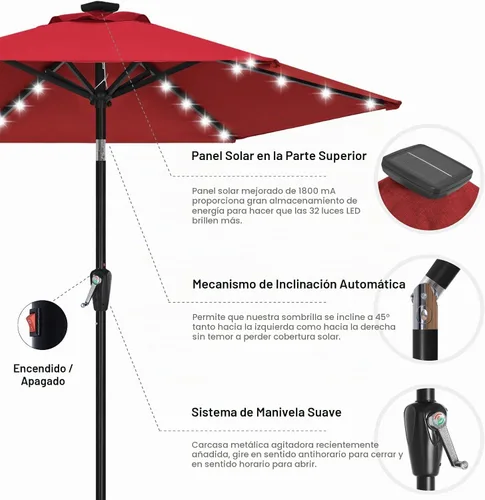 Vista 8 de ABCCANOPY - Sombrilla solar LED para patio con 24 luces, 7.5 pies (borgoña)