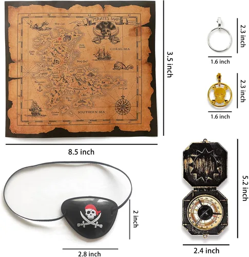 Vista 2 de Juego de disfraz de pirata para niños con espada pirata, parche de ojo, mapa del tesoro, brújula, aretes de calavera dorada y aretes de plata