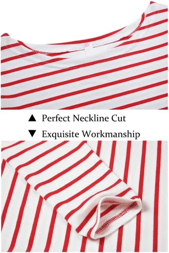 Vista 4 de LilyCoco Camisa de manga larga a rayas para mujer, cuello barco, camiseta de ajuste holgado Breton