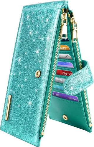 Vista 18 de Billetera de mujer con bloqueo RFID de gran capacidad, organizador multitarjetas, billetera plegable para mujer con bolsillo con cremallera