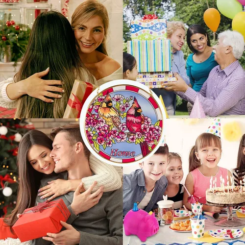 Vista 7 de Atrapasoles cardenal para colgar ventanas de vitrales para mujeres, mamá, pájaros rojos, atrapasoles, adorno colorido, regalo para amantes