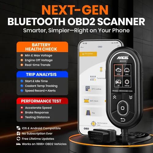 Vista 2 de ANCEL BD310 Escáner OBD2 y Lector de Códigos del Motor - Prueba Avanzada de Batería, Análisis de Viaje, Prueba de Rendimiento, Herramienta