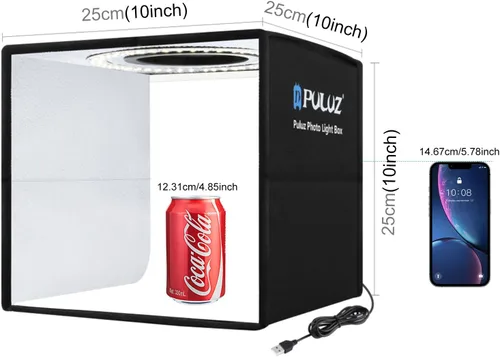 Vista 2 de PULUZ Caja de luz de estudio fotográfico de 10 x 10 pulgadas, caja de carpa de fotografía plegable portátil, pequeña caja de luz para tomas lightbox