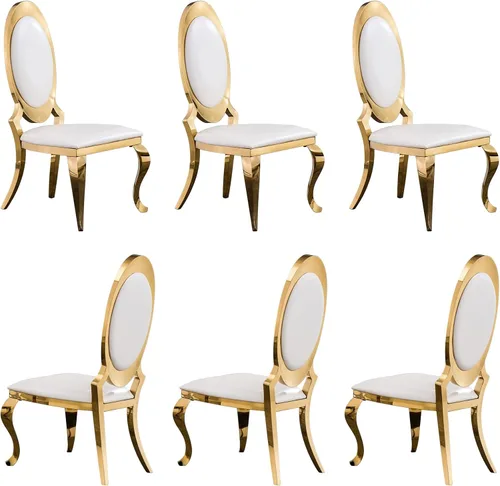 Vista 11 de ACEDÉCOR Sillas de comedor blancas y doradas, modernas sillas de piel sintética blanca, magnífica silla ovalada con respaldo de acero inoxidable