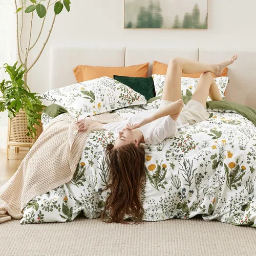 Vista 3 de Bedsure - Juego de funda de edredón para cama individual - Juego de funda de edredón reversible de flores de algodón 100 % con cierre de cremallera