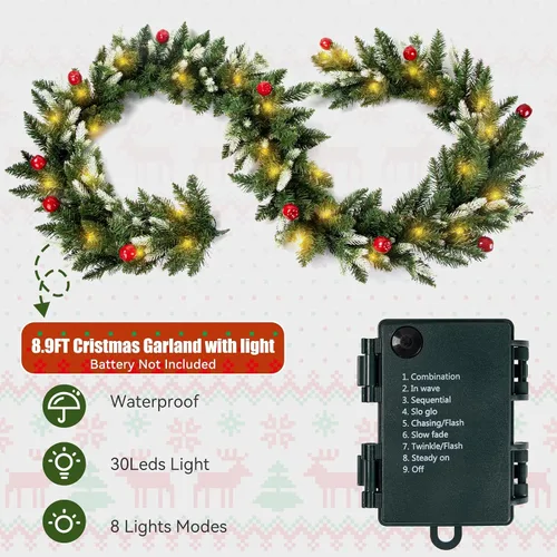 Vista 2 de Fohil Guirnalda de Navidad de 9 pies, 8 modos de guirnalda de Navidad artificial preiluminada con 60 luces LED, guirnalda de ratán verde con bayas