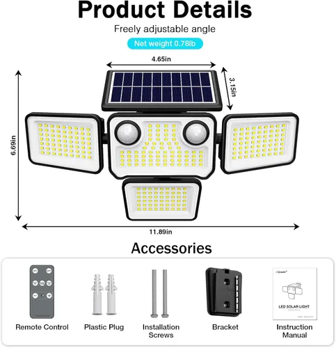 Vista 2 de Luces Solares para Exteriores Impermeables de 4500LM, 254 Luces LED Solares Reflectoras para Exteriores con 2 Sensores de Movimiento, Luz