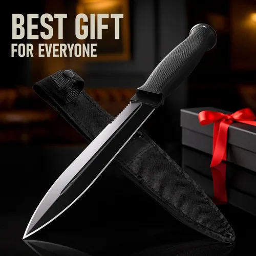 Vista 9 de Cuchillo táctico de supervivencia con funda, hoja fija de espiga completa de 6.5 pulgadas, borde dentado, cuchillo de caza con mango de goma