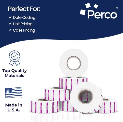 Vista 4 de Perco 1 línea de impresión inversa morada en etiquetas blancas de panadería, 8,000 etiquetas para pistolas Perco Lite, X, Plus y Pro, con diseño a