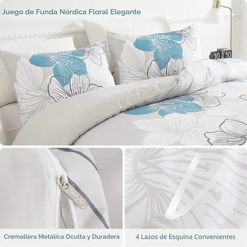 Vista 3 de DJY Juego de funda de edredón de 3 piezas, tamaño Queen, funda de edredón con patrón floral azul, elegante funda de edredón con 2 fundas de Flor azul