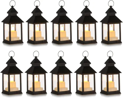 Vista 9 de Romadedi Mini Linternas Decorativas para Centro de Mesa - 10 Piezas de Linternas Pequeñas Negras Colgantes a Granel con Velas LED Parpadeantes