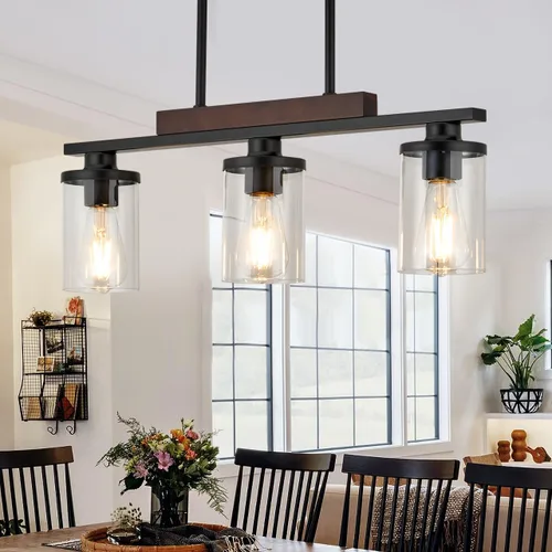 Vista 7 de Lámpara de Isla de Madera para Cocina/Restaurante, Accesorio de Comedor Estilo Granja de 3 Luces/Candelabro Sobre Mesa/Bar, Accesorios