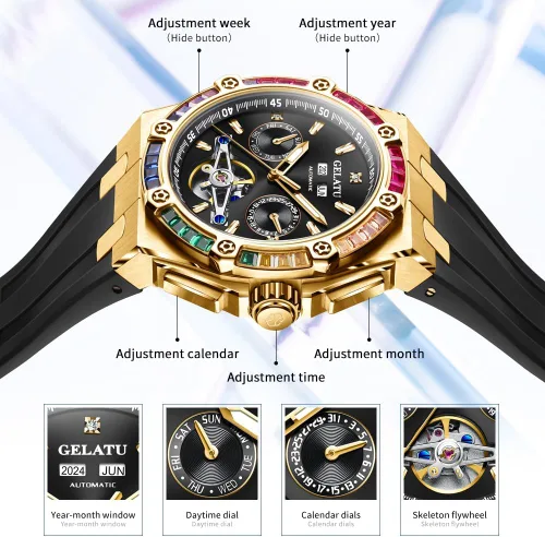 Vista 8 de Diamond Skeleton Mens Watches Automatic Mechanical Luxury Watch Sapphire Crystal Waterproof Luminous Wristwatch Silicone Band