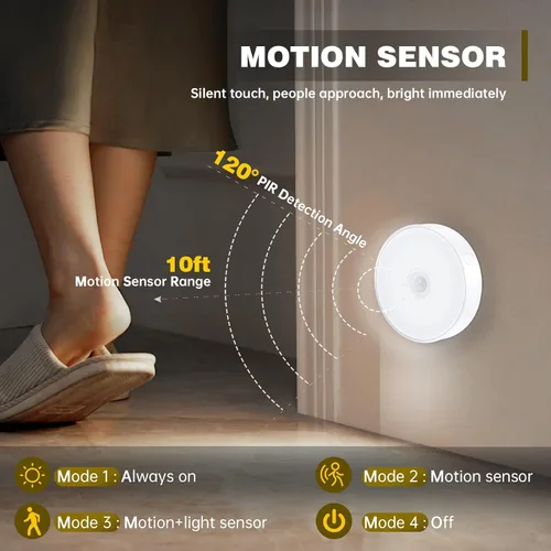 Vista 3 de LAVAED Paquete de 4 luces de disco con sensor de movimiento para interiores, luces LED de armario, luces nocturnas recargables por USB, 9 LED, 3000