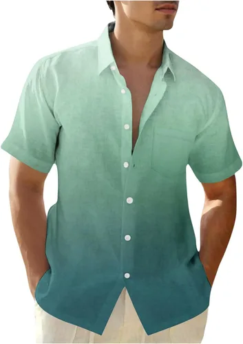 Vista 9 de Camisas con botones para hombre, de moda, de manga corta, color degradado, ajuste holgado, para vacaciones, playa, verano