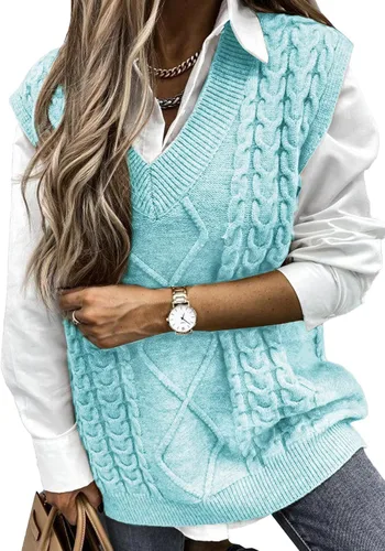 Vista 36 de EVALESS Chaleco Suéter de Gran Tamaño para Mujeres Cuello en V Sin Mangas Color Sólido Suéter Pullover Suelto 1 caqui.