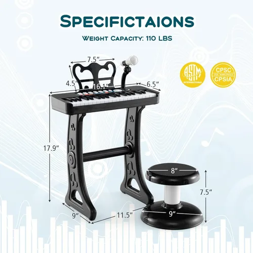 Vista 6 de Costzon Piano para niños, teclado de piano de juguete de 37 teclas con micrófono, taburete y soporte de música, piano electrónico portátil, juguete