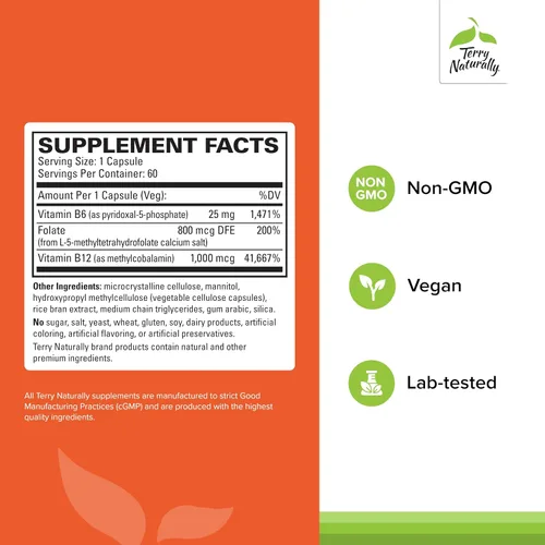 Vista 2 de Terry Naturally BioActive Vitamina B – Ayuda a la salud del corazón con vitaminas B bioactivas – Suplemento con folato y calcio – Vitamina