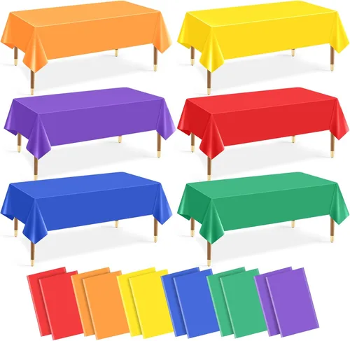 Vista 17 de Mwellewm 6 manteles de plástico desechables, mantel de arcoíris de colores surtidos, rectangular de neón colorido a granel sólido para cumpleaños