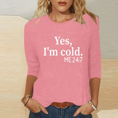 Vista 2 de Funny Tshirts for Women Summer Fall 34 Sleeve Crewneck Yes Im Cold Graphic Loose Fit Long Tops Shirts Women 2023 J4