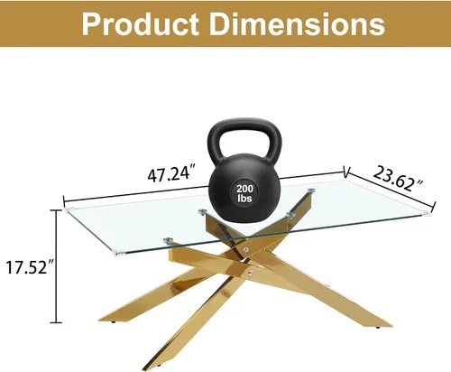 Vista 2 de Mesa de centro rectangular moderna de cristal, mesa central de vidrio templado y patas de metal chapado en oro para sala de estar, oficina en casa