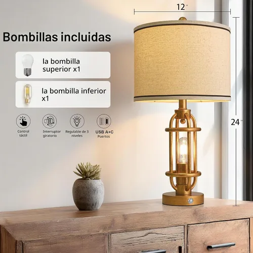 Vista 4 de G-SAFAVA Juego de 2 lámparas de mesa de 23.75 pulgadas para sala de estar, dormitorio, lámparas táctiles de metal industriales con puertos USB A+C