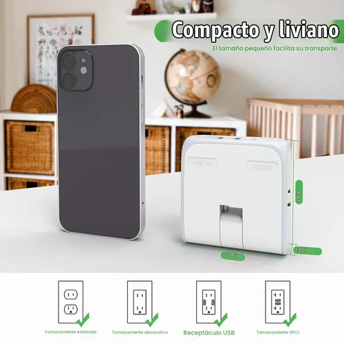 Vista 4 de Extensor de salida de pared plana con puertos de carga USB, tira de alimentación giratoria de 180°, 2 puertos USB, enchufe plegable de 2 clavijas