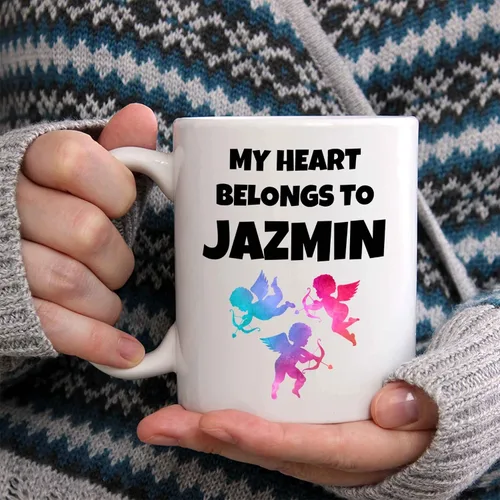 Vista 2 de My Heart Belongs To Jazmin Coffee Mug - Personalized Ceramic Cup with Name, Custom Mug, Customized Birthday/Christmas Gift, Holiday Present, 11 Oz