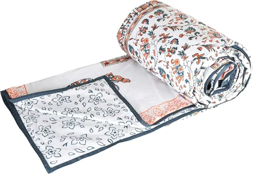 Vista 6 de Manta reversible 100% algodón, manta india, manta de aire acondicionado, 90 x 108 pulgadas (elefante, pavo real)