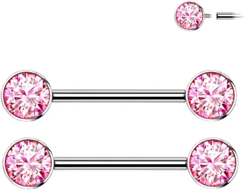 Vista 2 de Pierced Owl - 14G Implant Grade Titanium Internally Threaded Bezel Set Crystal Nipple Barbells, Sold as a Pair