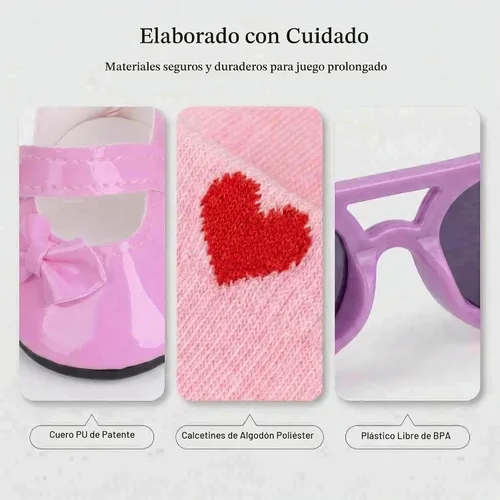 Vista 8 de MSYO - 8 accesorios de muñeca para muñecas de 18 pulgadas, 3 pares de zapatos, 3 pares de calcetines y 2 pares de gafas, juego de vestir pastel